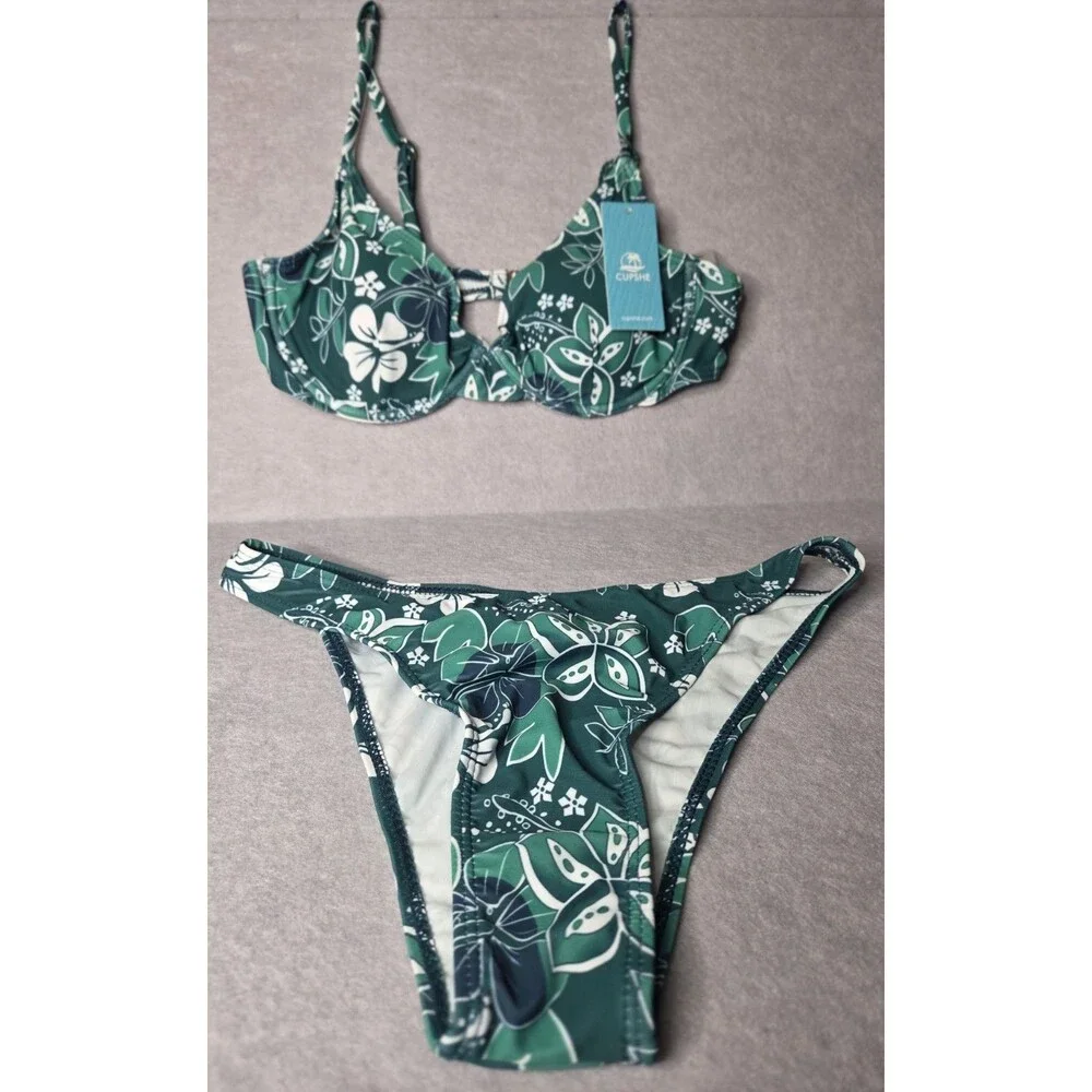 CUPSHE Teal Hawaiian Floral Bikini Set Sz S Underwire 2 PC Swimsuit Womens NWT
